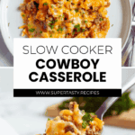 A plate of cheesy cowboy casserole with ground beef, corn, and herbs, topped with melted cheese, next to a forkful of the same dish.