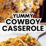 A close-up of a cheesy cowboy casserole with ground beef, corn, and melted cheese, garnished with chopped parsley, being served with a large spoon.