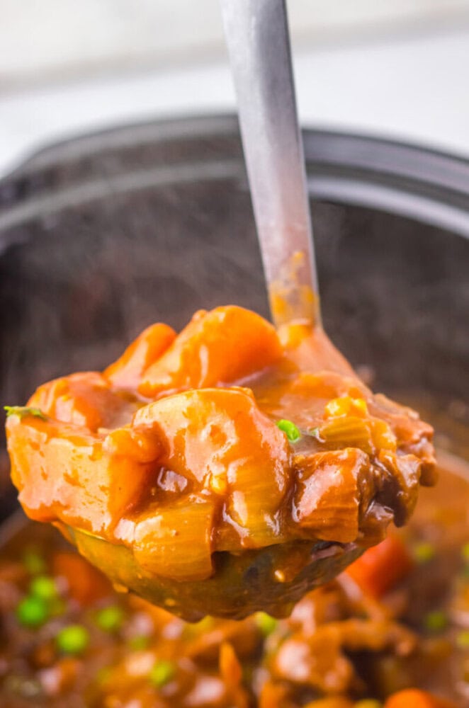 A metal ladle holds a serving of thick, hearty stew with carrots and other vegetables above a pot.
