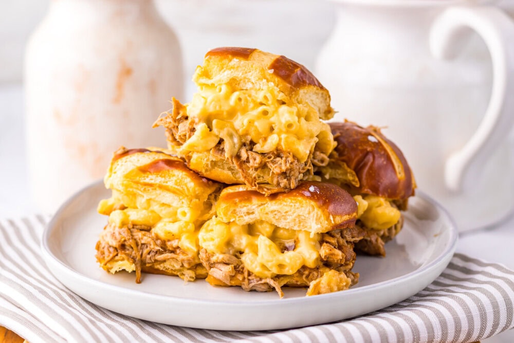 Slow Cooker Dr. Pepper BBQ Pork Mac and Cheese Sliders
