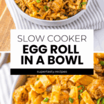 A bowl of Slow Cooker Egg Roll in a Bowl, topped with green onions, served with a flavorful sauce on the side.