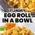 Shredded Egg Roll in a Bowl filling with crispy strips and green onions served in a white bowl.