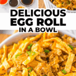 Top-down view of an Egg Roll in a Bowl with sliced veggies, egg, and crispy wonton strips, garnished with green onions&mdash;a delicious twist you can easily add to your collection of Slow Cooker Recipes.