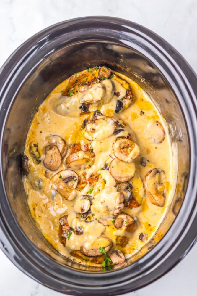 A creamy mushroom and chicken dish cooked in a slow cooker, with visible sliced mushrooms and a thick sauce covering the chicken.