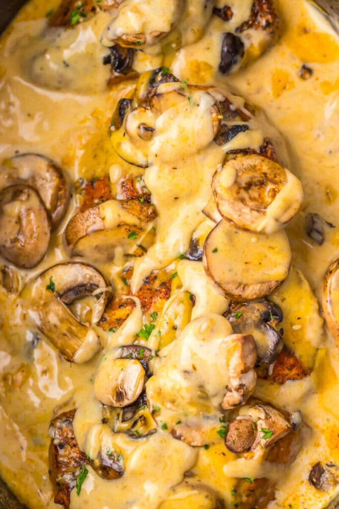 Chicken breast topped with sliced mushrooms and covered in a creamy sauce, garnished with herbs.