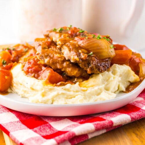 A plate of mashed potatoes topped with Salisbury steak, brown gravy, tomatoes, onions, and herbs, served on a red and white checkered napkin.