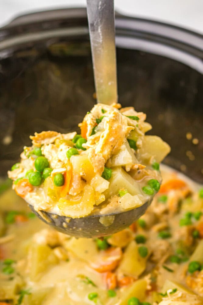 A ladle scooping a creamy stew with shredded chicken, peas, carrots, potatoes, and sauce from a slow cooker.