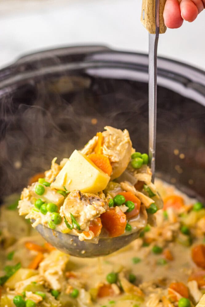 A ladle scoops chicken stew with potatoes, carrots, peas, and creamy broth from a slow cooker.