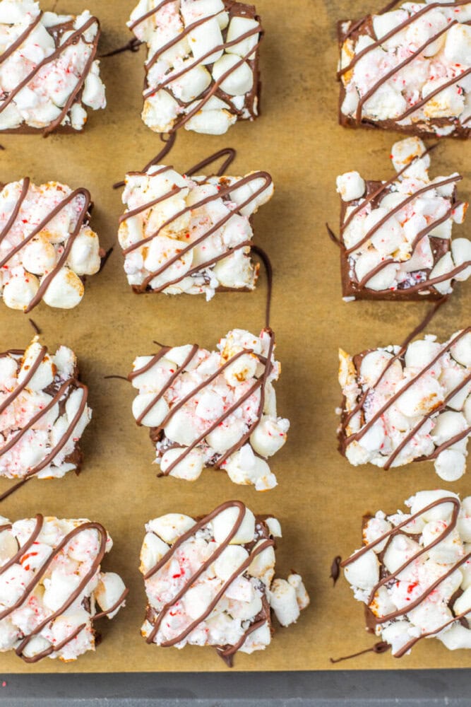 Nine squares of a dessert bar with a marshmallow topping and chocolate drizzle, arranged on a sheet of brown parchment paper.
