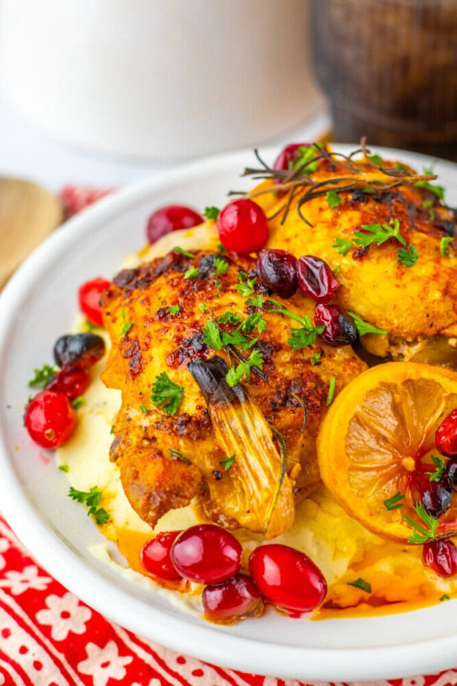 A plate of roasted chicken garnished with fresh cranberries, herbs, and lemon slices, served over mashed potatoes on a white dish.