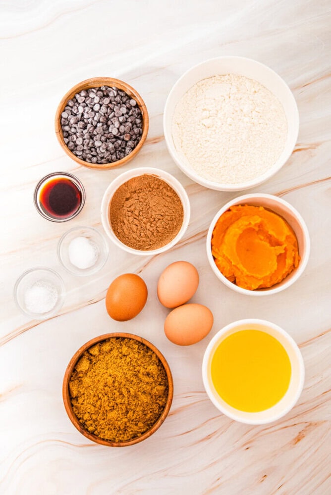 Various baking ingredients, including chocolate chips, flour, cocoa powder, vanilla, eggs, pumpkin puree, brown sugar, baking powder, salt, and oil, arranged in bowls on a marble surface.