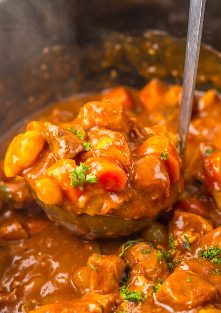 A close-up of a ladle lifting a portion of beef stew with chunks of beef, carrots, and potatoes in thick brown gravy, garnished with chopped parsley.