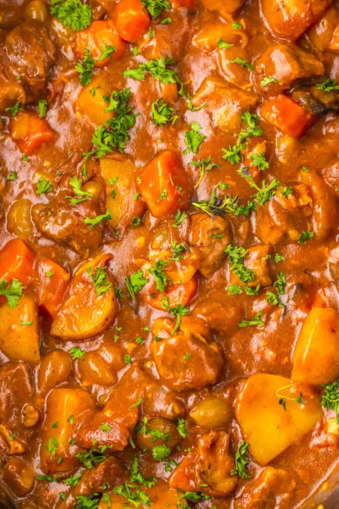 Close-up of a hearty beef stew with chunks of beef, potatoes, carrots, and parsley in a rich brown gravy.