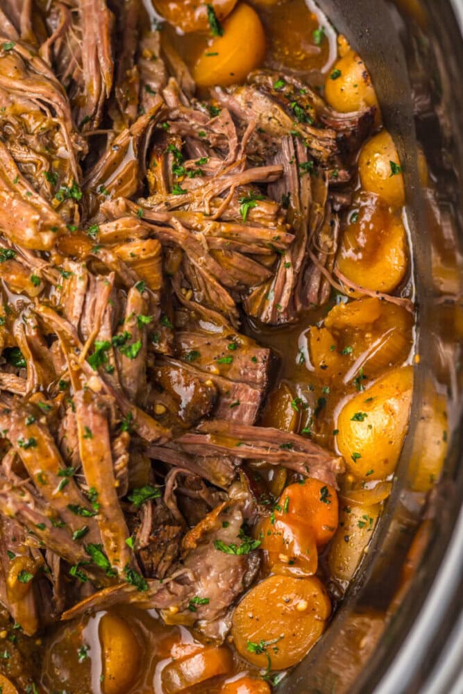 Shredded pot roast with baby potatoes and sliced carrots in a brown gravy, garnished with chopped herbs.