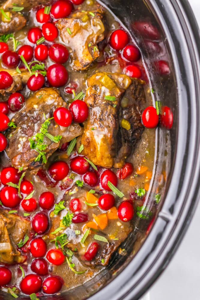Beef short ribs cooked in a slow cooker with cranberries, carrots, herbs, and sauce.