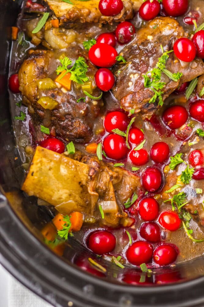 Braised beef short ribs in sauce with chopped vegetables, garnished with fresh cranberries and herbs, served in a slow cooker.