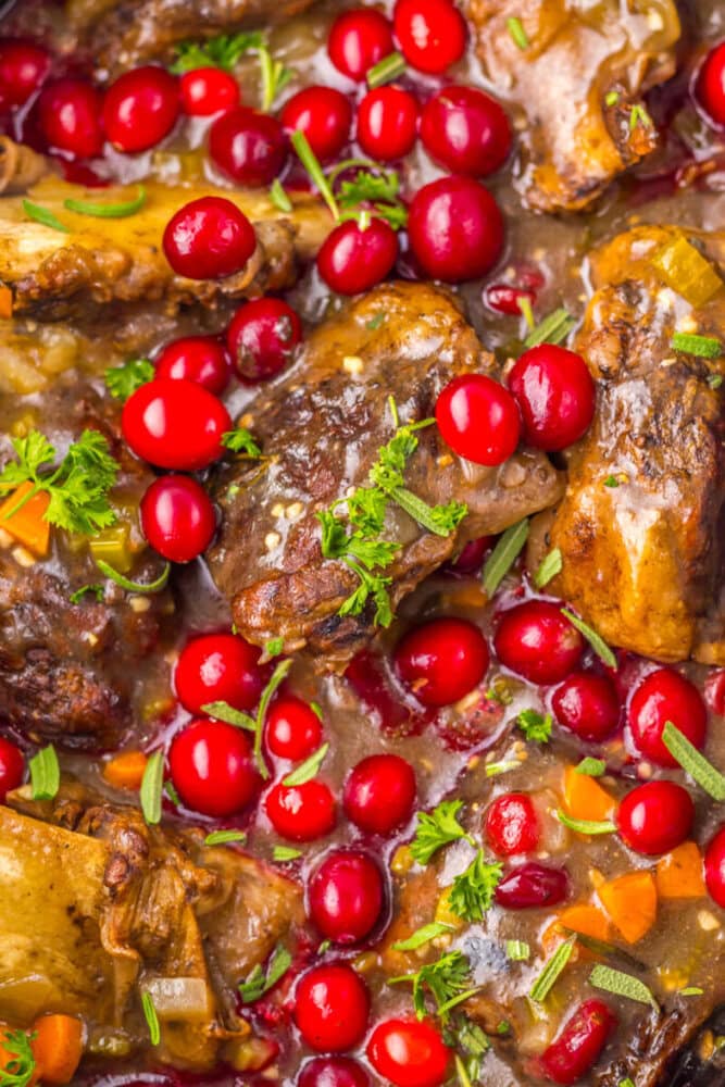 Close-up of cooked meat pieces garnished with fresh red cranberries, chopped herbs, and small diced carrots in a savory sauce.