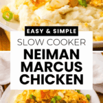 Two plates of creamy mashed potatoes topped with slow cooker Neiman Marcus chicken, green onions, and sliced almonds.