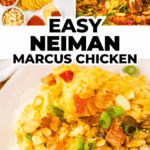 Collage of Neiman Marcus Chicken ingredients, a slow cooker in action, and a plated serving of this delicious chicken recipe topped with green onions.