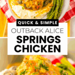 Plate of Slow Cooker Alice Springs Chicken with mushrooms, cheese, asparagus, and mashed potatoes on a red checkered cloth.