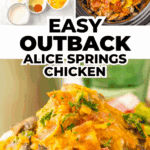 Collage showing ingredients, a slow cooker, and plated Outback Alice Springs Chicken over mashed potatoes.