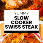 A plate of slow cooker Swiss steak with vegetables served over mashed potatoes, garnished with fresh parsley.