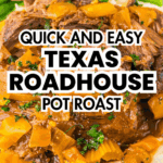 Texas Roadhouse-style pot roast with onions and gravy over mashed potatoes, green beans on the side, recipe text overlayed. Perfect for the slow cooker!.
