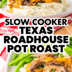 Plate of Texas Roadhouse pot roast, slow-cooked to perfection, served with mashed potatoes and green beans, all topped with rich gravy and fresh herbs.