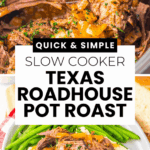 Tender Pot Roast with onions, slow-cooked to perfection and served over creamy mashed potatoes with green beans, inspired by Texas Roadhouse flavors on a classic white plate.