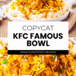 A bowl of mashed potatoes topped with fried chicken pieces, corn, shredded cheese, and brown gravy. Text overlay reads: "Copycat KFC Famous Bowl www.supertasty.recipes".