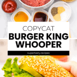 Overhead ingredients shot and closeup of a homemade burger with lettuce, tomato, cheese, and sesame bun—just like a copycat Whopper.