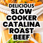 Plates of Slow Cooker roast beef with potatoes and green beans, garnished with parsley.