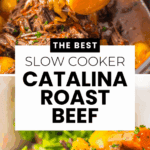 Shredded Catalina Roast Beef with carrots and potatoes, served alongside green beans on a plate&mdash;an easy slow cooker recipe for a hearty meal.