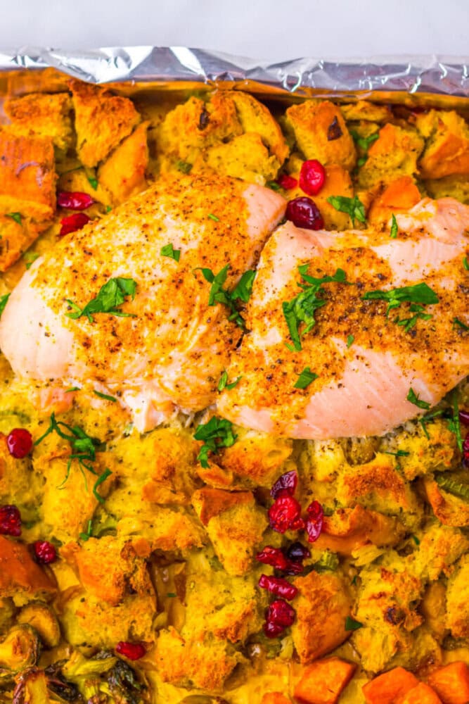 Roasted turkey breasts on a bed of stuffing with bread cubes, sweet potatoes, cranberries, and herbs, all baked on a foil-lined tray.