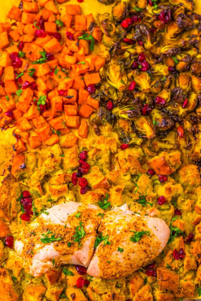 Sheet pan with baked chicken breast, cubed sweet potatoes, roasted Brussels sprouts, and stuffing, garnished with fresh herbs and dried cranberries.