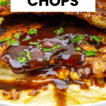 Glazed Pork Chops with apple cider glaze rest on creamy mashed potatoes, garnished with fresh herbs, served on a white plate.