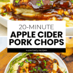 Glazed Pork Chops with apple cider sauce rest on creamy mashed potatoes, garnished with fresh herbs and served in a white bowl.