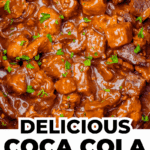 Beef tips in a rich, brown Coca Cola sauce, garnished with chopped parsley. Text below reads: "Delicious Coca Cola Beef Tips www.supertasty.recipes".