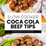 Plate of mashed potatoes topped with slow cooker Coca Cola beef tips in gravy, served with green beans; recipe title and website displayed in the center.