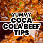 Close-up of beef tips in a rich, dark sauce, garnished with parsley, with bold text overlay reading "Yummy Coca Cola Beef Tips.