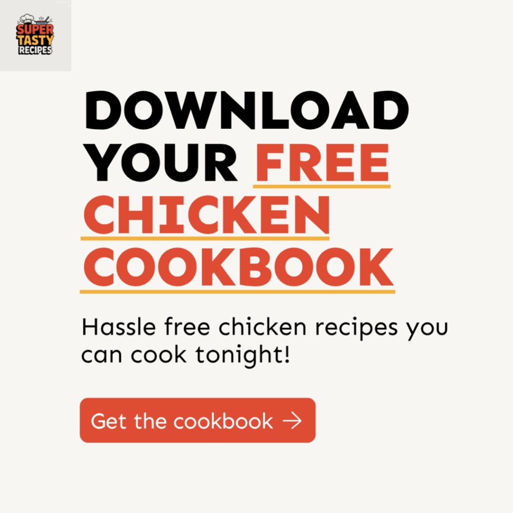 Text graphic promoting a free chicken cookbook download, offering hassle-free chicken recipes, with a button labeled "Get the cookbook.