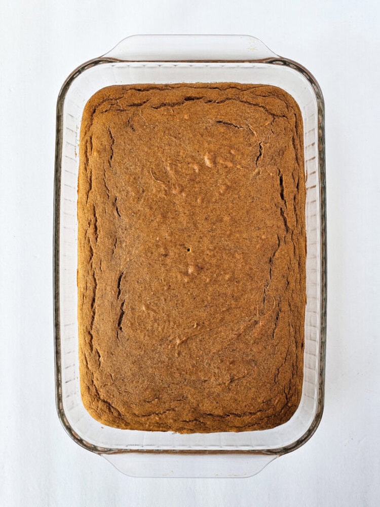 A rectangular glass baking dish containing a single, evenly-baked sheet of brown cake with cracked edges on a white background.