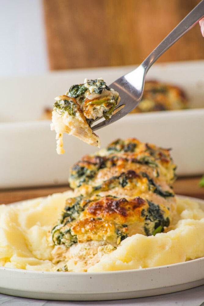 A fork holds a piece of creamy, spinach-stuffed chicken breast served on a bed of mashed potatoes on a white plate.