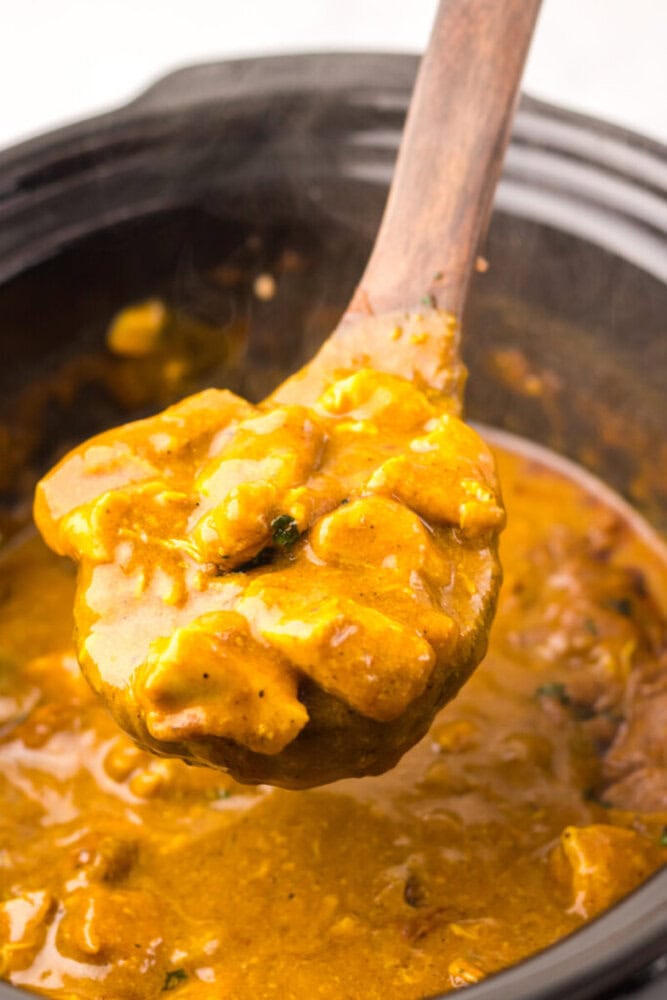 A wooden spoon holds up a serving of thick, yellow curry with chunks of meat and vegetables over a pot.