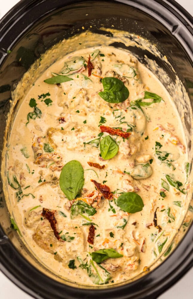 Creamy chicken with spinach and sun-dried tomatoes in a slow cooker, garnished with fresh spinach leaves.