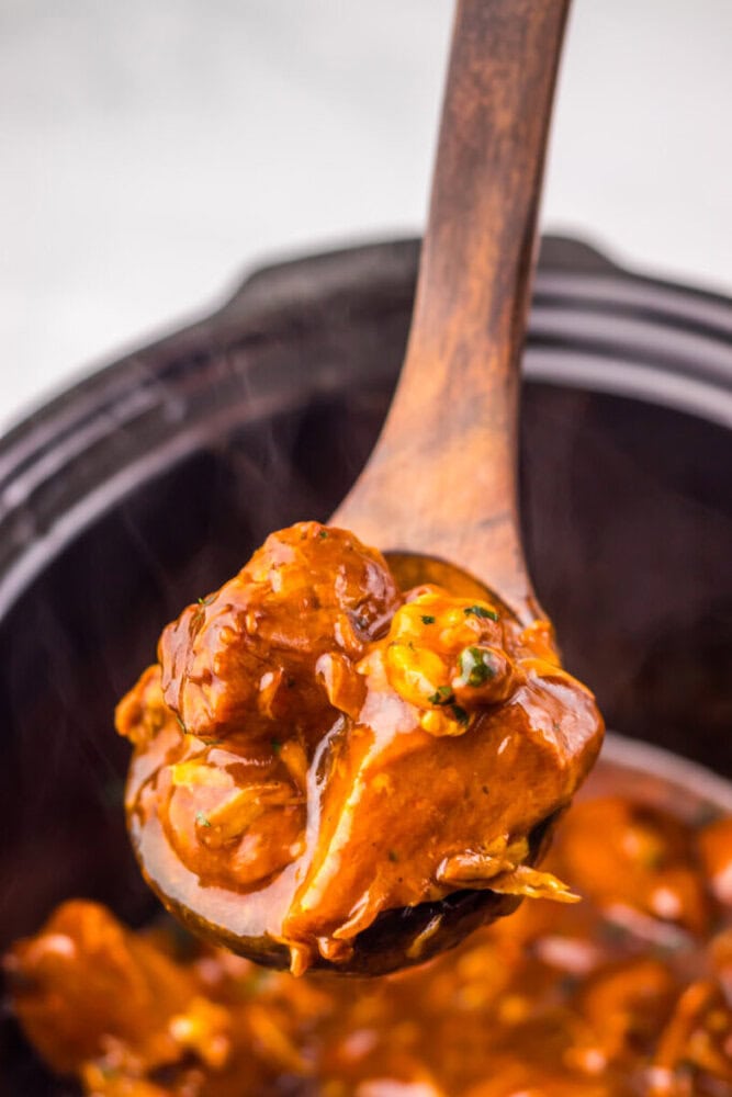A wooden ladle holding a serving of hearty beef stew in rich brown sauce over a pot.