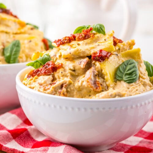 Creamy pasta with sun-dried tomatoes and basil in a white bowl on a red checkered cloth.