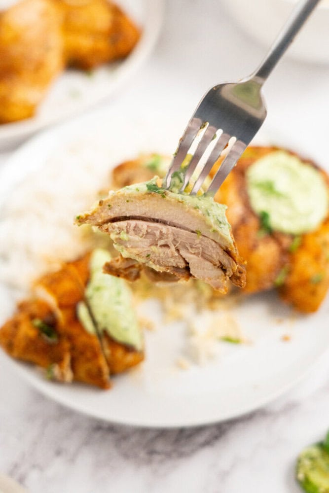 A fork holds a bite of seasoned chicken with green sauce above a plate with more chicken and rice.