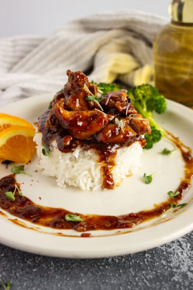 Chicken in a dark sauce over white rice, garnished with greens, with broccoli and an orange slice on the side.
