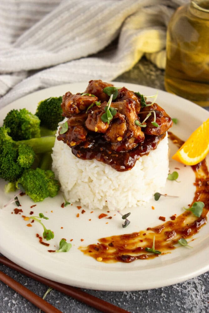 White rice topped with saucy chicken, served with broccoli and an orange slice on a white plate.